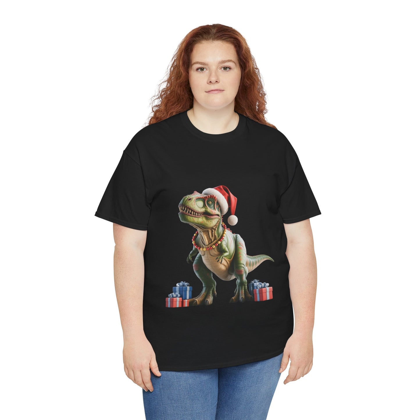 Christmas T-Rex T-Shirt — Festive T-Rex in Santa Hat with Presents