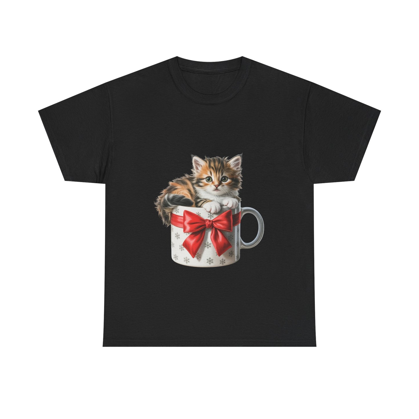 Kitten in a Gift Mug T-Shirt — Cute Cat Christmas Tee with Red Bow
