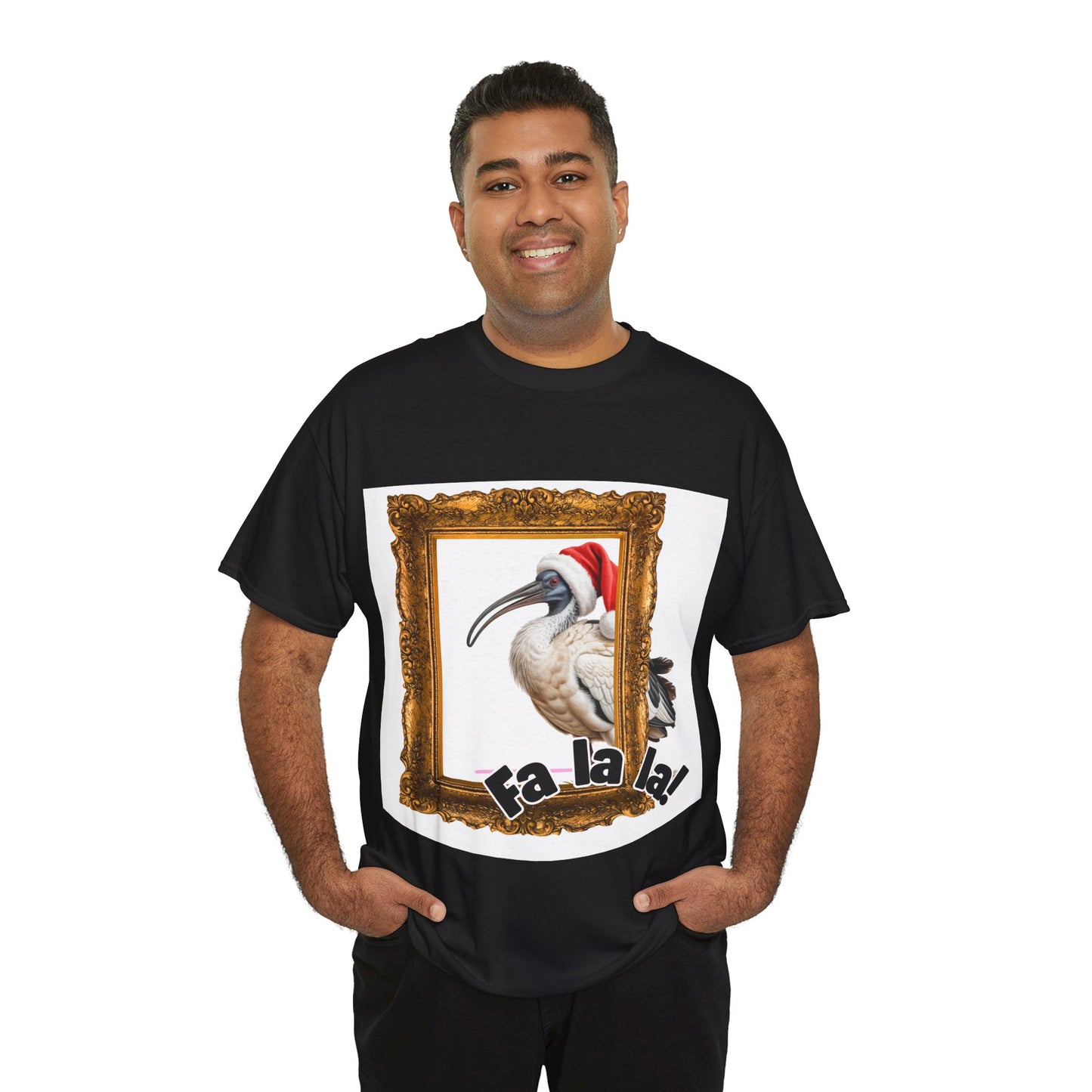 T-Shirt — Christmas Ibis in Gold Frame “Fa la la!” Holiday Tee