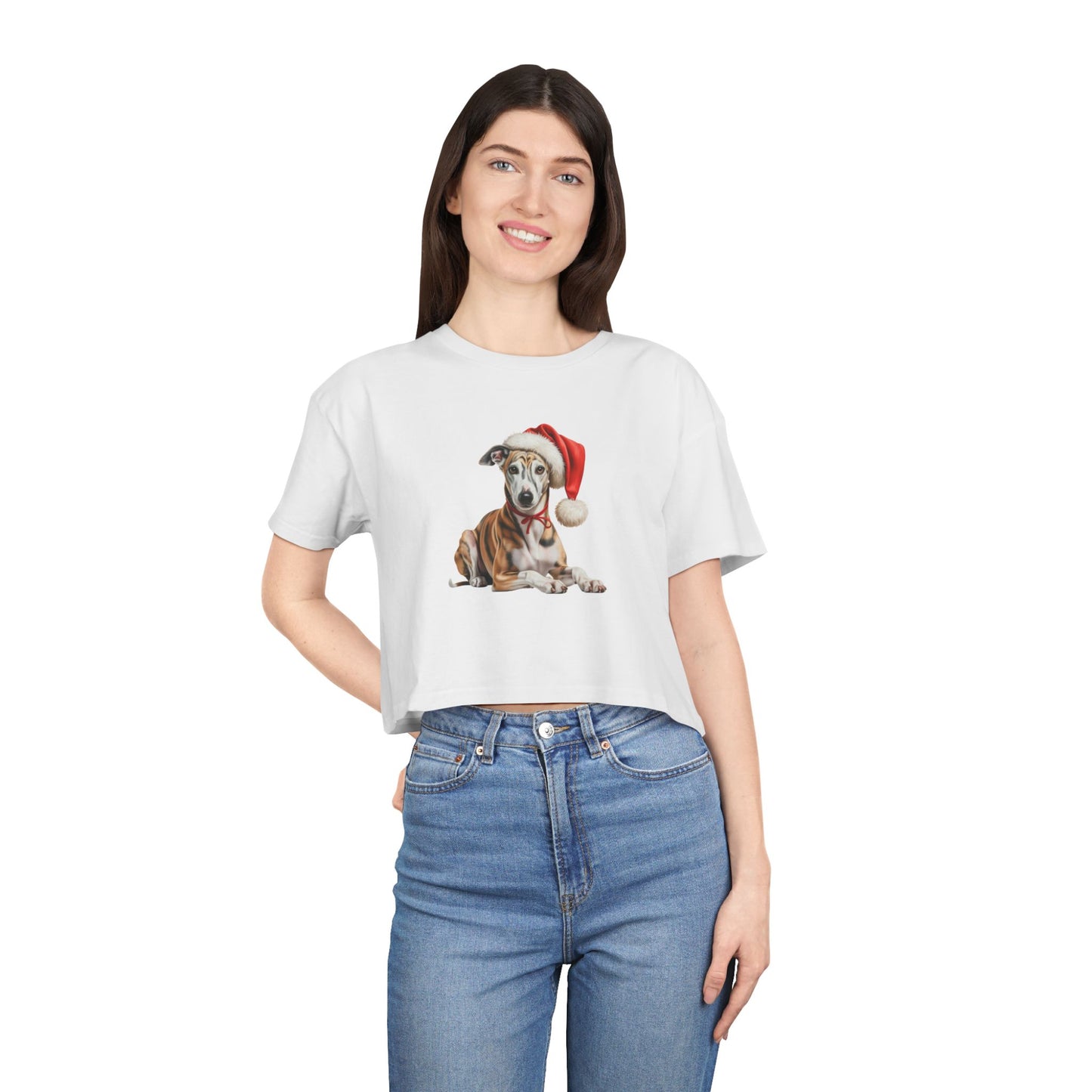 Christmas Greyhound Dog Crop Tee — Greyhound dog Santa Hat Puppy Holiday Top